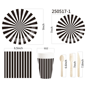 Ensemble de vaisselle rayée DAMAI noir et blanc pour fête, décoration de baby shower et d'anniversaire, assiettes en papier de 9 pouces, serviettes, couverts - Product Image 5