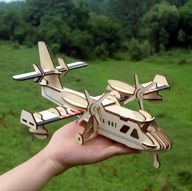 Laser cut 3D wood puzzles Montessori educational toys 3D mini Helicopter airplane toys for kids