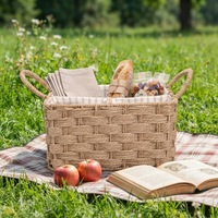 Panier de rangement en corde de papier écologique de luxe fait à la main, doublure en tissu, panier de pique-nique rectangulaire portable pour l'extérieur