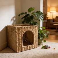 Boîte de rangement tressée pour chat, Niche tressée toutes saisons pour chat, Niche pour chat de salon au sol