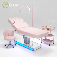Nouveau design Mobilier de salon de beauté Base argentée Lit cosmétique de salon Table de massage moderne et luxueuse pour spa visage rose avec éclairage