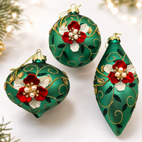 Ornements de Noël suspendus en verre personnalisés 8/10 cm, motif fleur verte et rouge, forme concombre moderne, boîte de fête pour la décoration de l'arbre de Noël