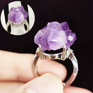 Natural Crystal Stone Fashion Ring Men Designer Reiki Healing Purple Fluorite Rough Amethyst Cluster Jewelry Chakra Ore Quartz