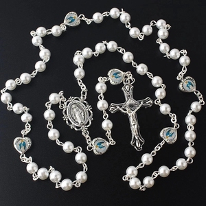 Trendy Vintage Glas Perle Kreuz katholischen religiösen Rosenkranz Perlen Kruzifix Anhänger Halskette Diamant Stein Christian Geschenk - Product Image 4