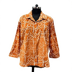 Chemise décontractée en coton respirant à imprimé floral orange fait main, fabrication ODM - Product Image 2