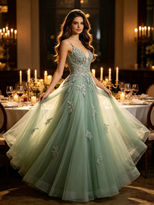 Abito da ballo con spalline sottili e scollo a V profondo, con lacci sul retro, in pizzo floreale 3D e <span class=keywords><strong>tulle</strong></span>, linea ad A, abito da sera, abito da damigella d'onore, vendita all'ingrosso di fabbrica - Product Image 3