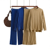 Ensemble de chandail en tricot torsadé pour femme, col roulé, manches longues, ensemble en tricot deux pièces, tenue d'intérieur chaude, douce et confortable pour l'hiver