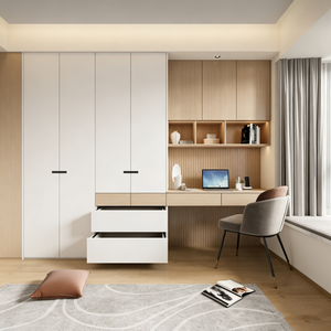Armario Metálico Abierto Contemporáneo Personalizado con Tiradores Metálicos, Escritorio de Madera, Estantería y Gabinete de Almacenamiento en Color Claro - Product Image 3
