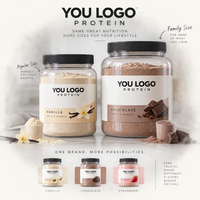 Emballage personnalisé pour poudre de protéines en marque privée, pot en PET transparent avec couvercle à logo pour les marques de compléments alimentaires à base de protéines de lactosérum et de protéines végétales, vente en gros