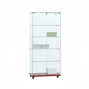 Vitrina Moderna de Vidrio 80x40x180cm con Puertas Abatibles con Cerradura, 4 Estantes, Base de Madera de Cerezo sobre Ruedas - Product Image 2