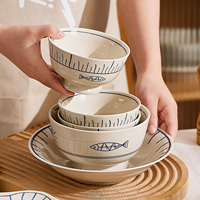 Vaisselle en porcelaine traditionnelle de style japonais, bols et soucoupes en céramique peints sous glaçure pour la maison - Écologiques et compatibles lave-vaisselle