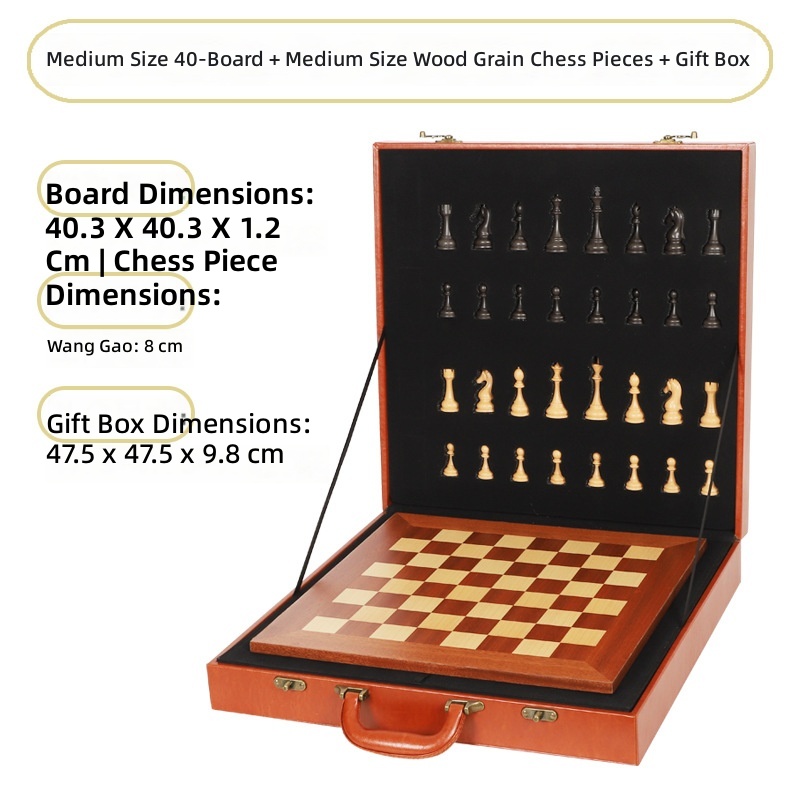 Ensemble cadeau : échiquier moyen 40 pièces, grain de bois moyen, pièces lestées.