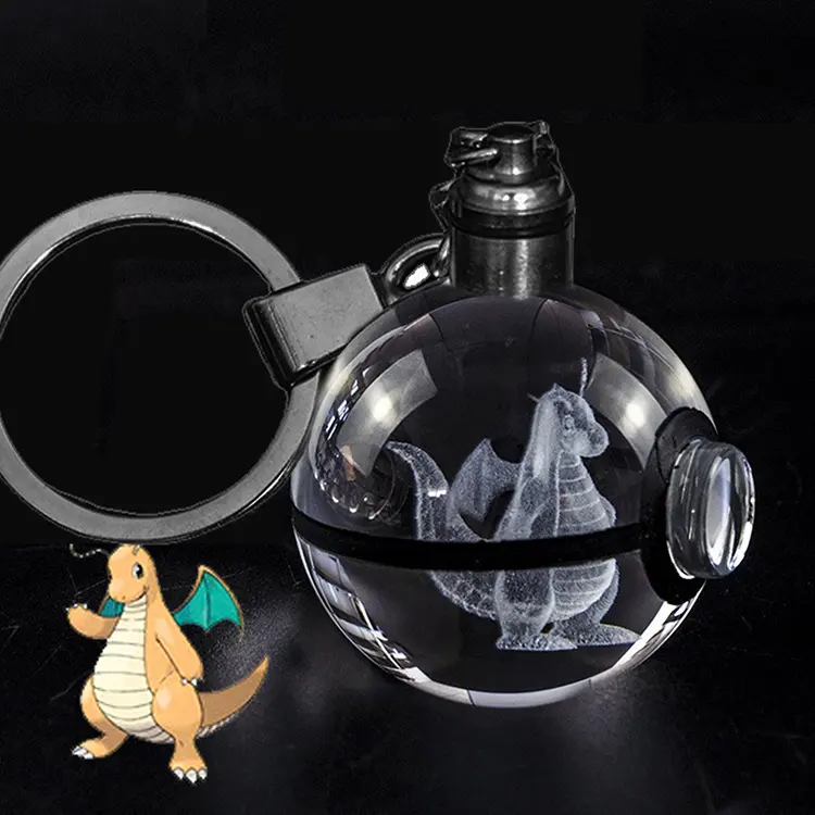 Customized content crystal glass keychain cheap wholesale 3d laser engraving pokeball crystal keychain with LED light