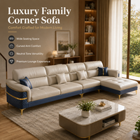 Sofá Seccional en Forma de L con Chaise Longue, Tapizado en Dos Tonos Azul Marino y Beige, Patas Doradas, para Sala de Estar, Hotel, Apartamento u Oficina