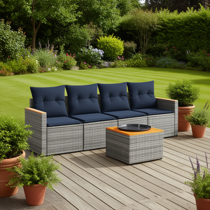 Juego de sofás de patio de ratán sintético con cojines, sofá de jardín gris para exteriores, diseño contemporáneo, muebles de 5 piezas - Product Image 2