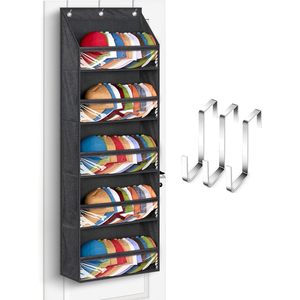 Over Door Hat <b>Rack</b> Black 5 Tier Clear Pockets For Baseball Caps Closet <b>Wall</b> Storage Organizer Holds 60 Hats - Product Image 1