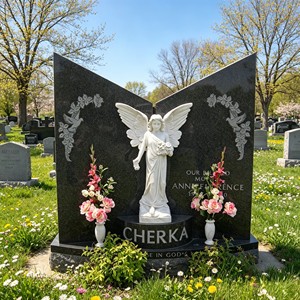 Stèle funéraire en granit noir à ailes ouvertes avec statue d'ange blanche, motif floral et colombe gravé, marqueur commémoratif de cimetière - Product Image 1
