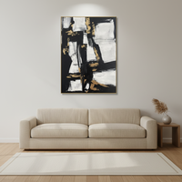 Grande peinture abstraite noire et blanche faite à la main, art en feuille d'or, toile texturée moderne, décoration murale, cadre personnalisé, taille personnalisable