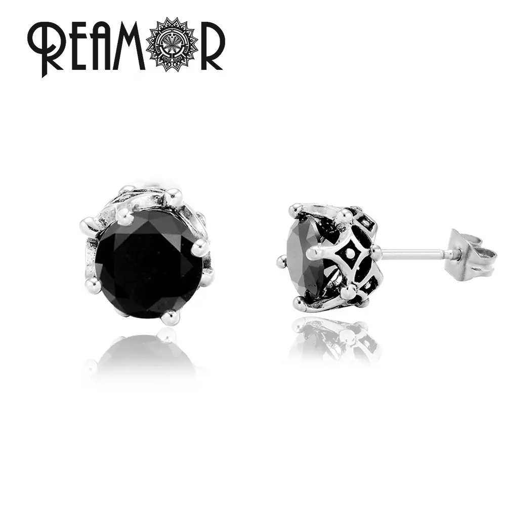REAMOR Lady Rhinestone Crystal Black Round Earrings Set Ear Stud Jewelry Stainless Steel Flower Shape Baby Jewelry for Women