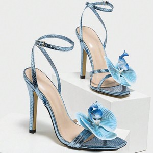 Zapatos de Tacón Alto con Correa en el Tobillo, de Cuero Sintético Azul, con Decoración Floral, Punta Abierta, Tendencia de Moda de Verano - Product Image 5