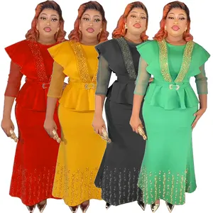 Elegant Wedding Evening Party Dress Outfits Women Diamond Solid Tops And Beading Long Skirts Matching Sets Chic African Clothing