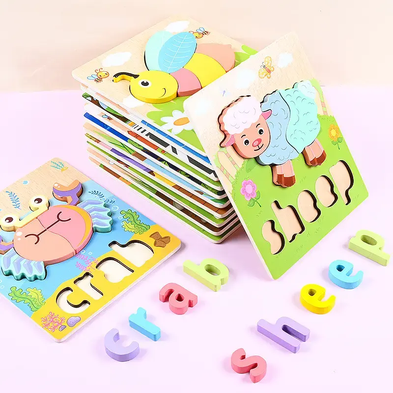 new wholesale 3d educational animal learning puzzle game toy children colorful transport wooden jigsaw puzzles toys for kids