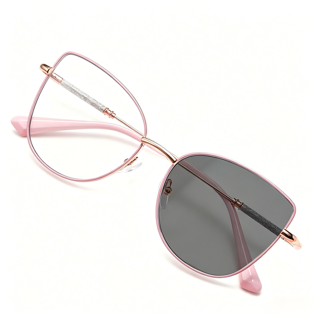 XPZ Korean Style Photochromic Anti-Blue Light Glasses Pink Gold Cat Eye Streetwear Eyeglasses Factory Direct ISO Certified