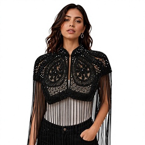 Women's Black Polyester Beaded Fringe Cape with Embroidery Decorative <b>Wrap</b> <b>for</b> <b>Wedding</b> Party Wear COTTON COUTURE - Product Image 1