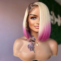 Perruques de cheveux humains 613 Blond Miel Ombré Trois Tons Rose Lisse Extrême Courtes Type Bob avec Fermeture en Dentelle HD 4x4 Sans Colle Origine Vietnam