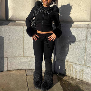 Conjunto Deportivo de 2 Piezas con Letra de Brillantes Otoño Invierno 2025, Chaqueta con Capucha, Cremallera y Manga Larga con Retazos de Pelo + Pantalón Acampanado - Product Image 4
