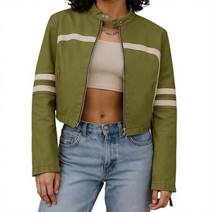 <b>Women's</b> Handmade Green & <b>Beige</b> Genuine Sheepskin Leather Cropped Moto <b>Jacket</b> Outerwear Coat - Product Image 1