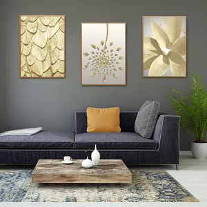 Hot Sell Nordic Abstract Style Kunst Goldene Blätter und Blumen Drucke Leinwand Malerei Moderne Kunst Dekoratives Wohnzimmer Gerahmt und