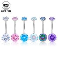 Cincin Pusar Titanium ASTM F136 Double CZ Bentuk Bunga Bulat, Perhiasan Tindik Tubuh Anti Alergi, Grosir Partai Besar, Gaya Glamor Nan Anggun