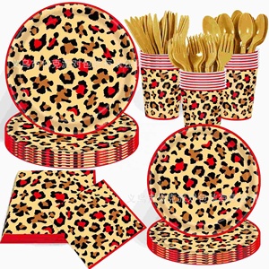 Ensemble de vaisselle jetable pour fête d'<span class=keywords><strong>anniversaire</strong></span> sur le thème du léopard rouge, assiettes en papier, gobelets en papier, serviettes, fournitures de fête jetables pour enfants - Product Image 1