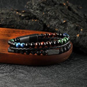 Bracelet en cuir tressé personnalisable pour homme avec <span class=keywords><strong>pierre</strong></span> œil <span class=keywords><strong>de</strong></span> tigre, fermoir magnétique, perles <span class=keywords><strong>de</strong></span> <span class=keywords><strong>lave</strong></span> naturelle, logo personnalisé - Product Image 3