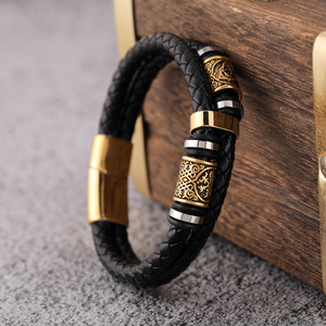 Pulsera de acero inoxidable vikingo nórdico para <span class=keywords><strong>hombre</strong></span>, diseño trenzado de doble capa chapado en oro, cierre magnético, banda de cuero, regalo de joyería - Product Image 4
