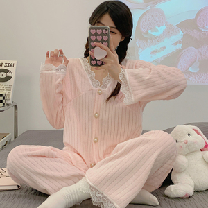 Pijama de Franela de Invierno para Mujer, con Ribete de Encaje, Camisón Largo, Conjunto de Pijama Térmico, Conjunto de Pijama de Punto Cálido para Mujer - Product Image 3