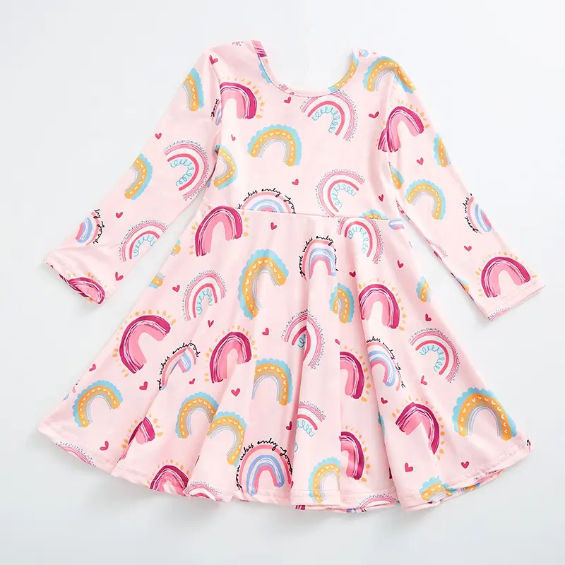 Girlymax 2023 Pink Rainbow lovely Valentine Day Long Sleeve and Knee Length Baby Girls Dresses