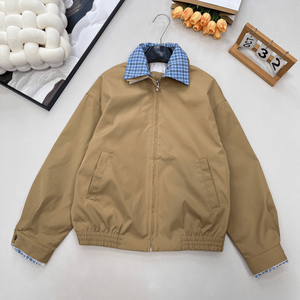 Women Plaid Collar Harrington <b>Jacket</b> Zip Up Elastic Waist Casual Windbreaker Outerwear - Product Image 1