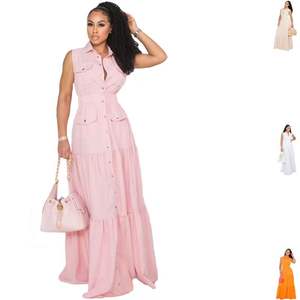Robes d'automne pour femmes, robe maxi sans manches boutonnée, couleur unie, élégance, plusieurs poches, style bohème, vacances - Product Image 1