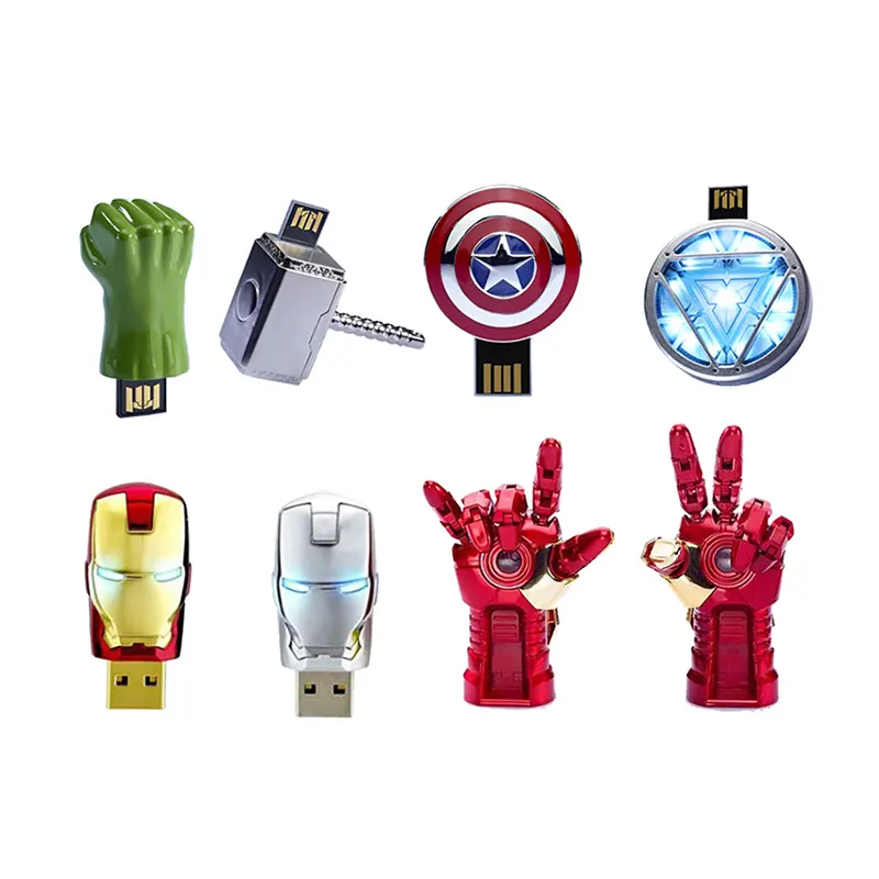 Wholesale Iron Man Captain American Shield Hammer USB 2.0 Flash 128GB 32GB 16GB 8GB Pen Drives 64GB Pendrive with LED light