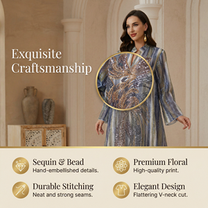 ชุดเดรสยาวพิมพ์ลายประดับลูกปัดสำหรับผู้หญิงมุสลิม ทรงพลิ้วสวยสง่าสำหรับงานกลางคืน ผลิตโดยโรงงาน OEM - Product Image 3