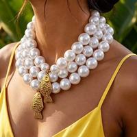 Collier ras du cou Ginee en acier inoxydable avec pendentif cœur de poisson et perles multirangs pour femme, plaqué or 14 carats, bijoux vintage