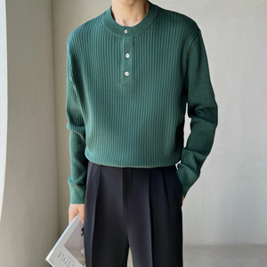 Pull en maille décontracté pour homme, à col rond, à boutons, à boucle vintage, couleur unie, fin, pour l'automne, vente chaude - Product Image 2