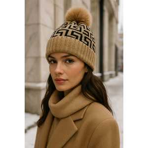 Gorro de lana beige estampado para mujer con pompón BERE1144 - Product Image 5