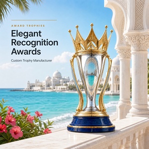 Trofeo Personalizzato Corona Reale in Oro per Cerimonie e Campionati Sportivi, Base in Pietra Blu, <span class=keywords><strong>Calice</strong></span> in Argento, Trofeo in Metallo Personalizzato - Product Image 1