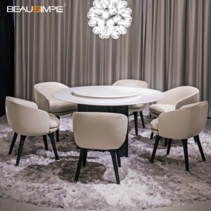 Table à manger élégante en marbre naturel, série Lou et support en chêne teinté noir, parfaite pour les villas de luxe et les salles à manger modernes - Product Image 2