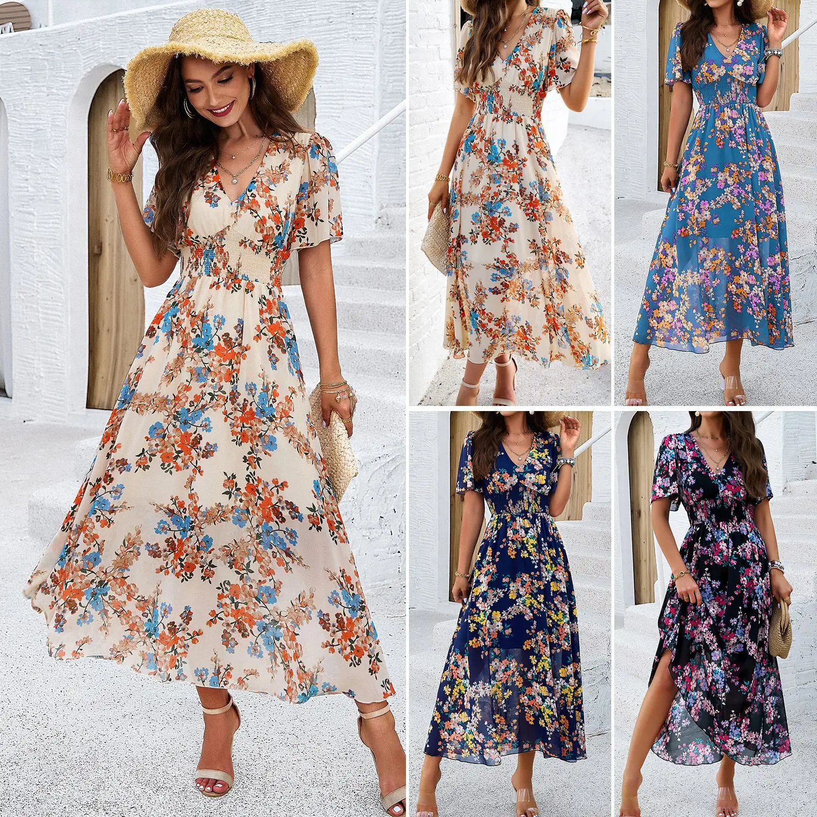 Factory Casual Summer Short Sleeve A-Line Floral Print Maxi Dress Women Chic V-Neck Elastic Waist Female Vintage Dress Bohemian