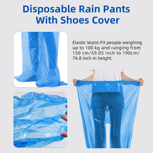 Descartável PE plástico chuva calças com pé-capa impermeável chuva engrenagem para acampamento ao ar livre - Product Image 3