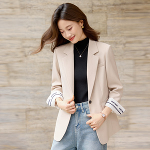 Women's Blazer Spring Autumn 2025 Coffee Color Solid Splicing Anti-Wrinkle Polyester Worst Fabric Professional Commuting Top - Product Image 3